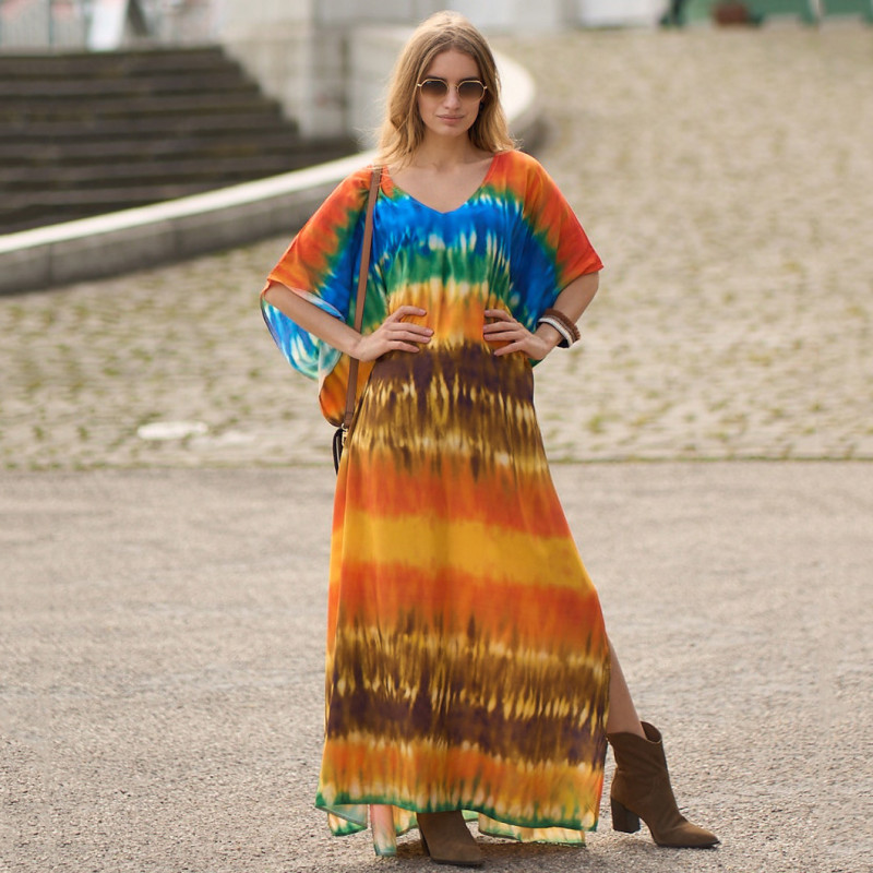 Fashionable loose-fitting beach cover-ups multi-color printed beach cover-ups vacation robe-style dress cover-ups