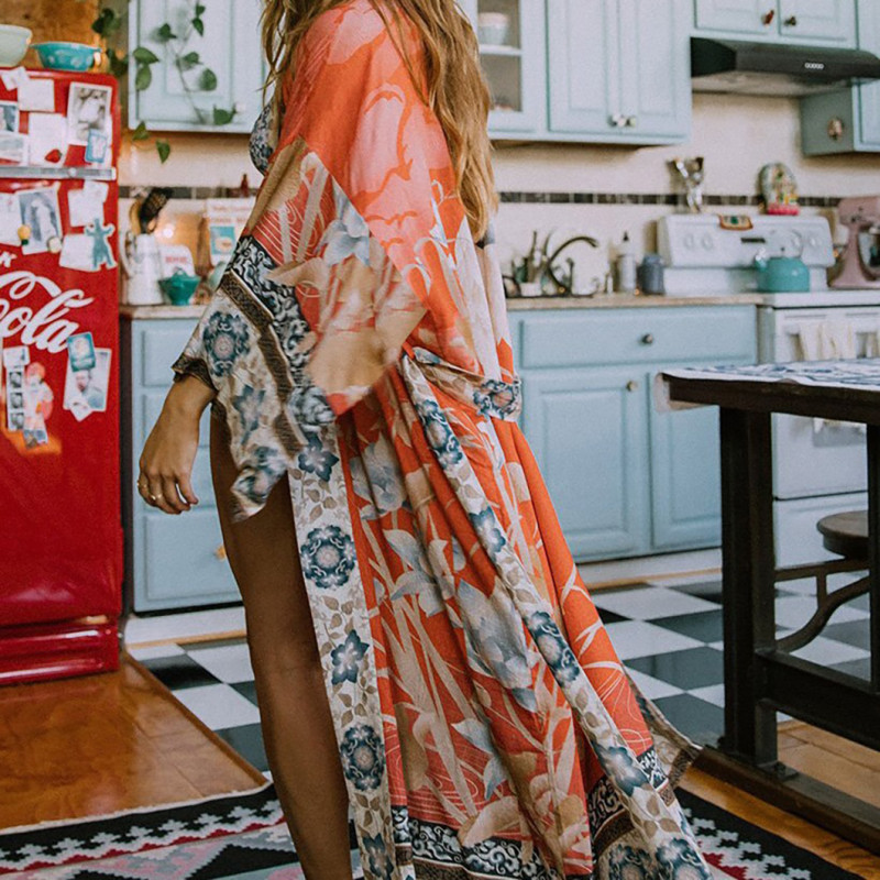 Fashionable loose-fitting beach cover-ups multi-color printed beach cover-ups vacation robe-style dress cover-ups