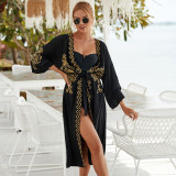 Fashionable loose beach cover-ups embroidered sun-protective cardigan cover-ups long-style seaside vacation cover-ups