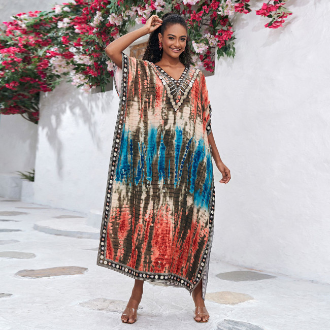 Fashionable loose-fitting beach cover-ups positioning print cover-ups long-style seaside vacation cover-ups