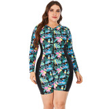 Women Long sleeved wetsuit one piece swimwear summer Plus size   Floral print swimsuit zipper beach suit #yds0650