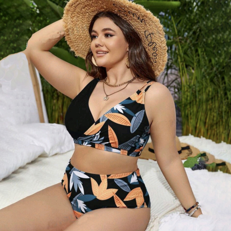 Summer plus-size bikini swimsuit printed gathered swimsuit fashionable separate beach resort swimsuit
