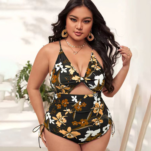 New style one-piece plus-size bikini swimsuit printed gathered swimsuit fashionable open-front tight-fitting swimsuit