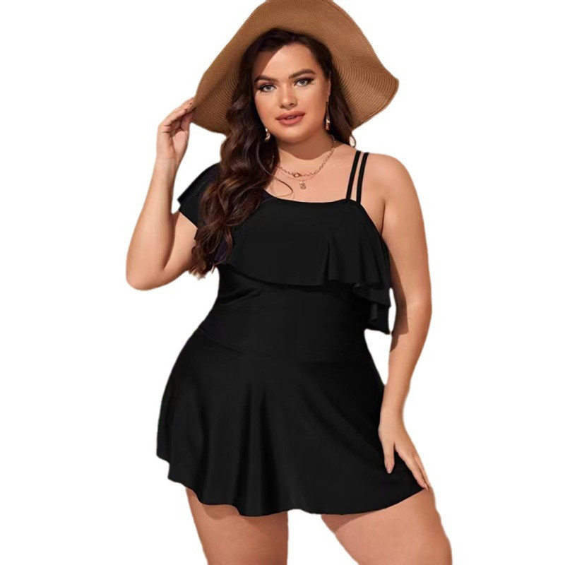 Summer plus-size bikini swimsuits sexy asymmetrical shoulder swimsuits fashionable ruffled slim-fitting one-piece swimsuits