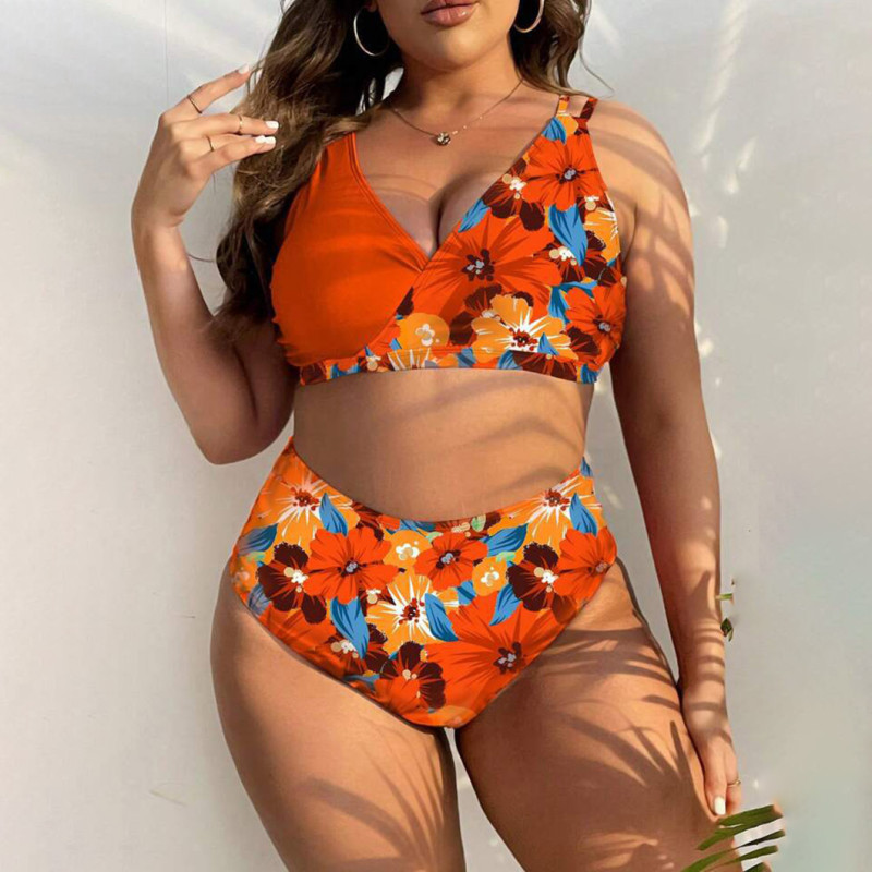 Summer plus-size bikini swimsuit printed gathered swimsuit fashionable separate beach resort swimsuit