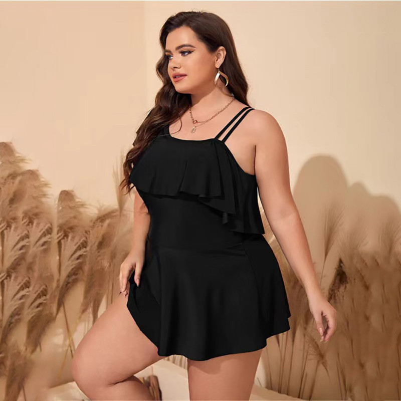 Summer plus-size bikini swimsuits sexy asymmetrical shoulder swimsuits fashionable ruffled slim-fitting one-piece swimsuits