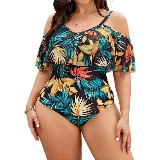 Summer plus-size bikini swimsuits sexy bandeau one-piece swimsuits fashionable beach print ruffled swimsuits