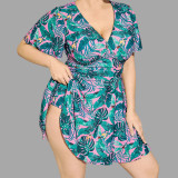 Summer plus-size bikini swimsuits printed short-sleeved swimsuits fashionable beach skirt-style one-piece swimsuits