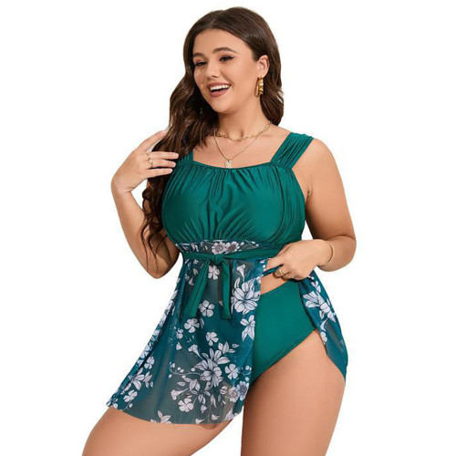 Summer plus-size bikini swimsuits green mesh-printed swimsuits fashionable beach skirt-style one-piece swimsuits