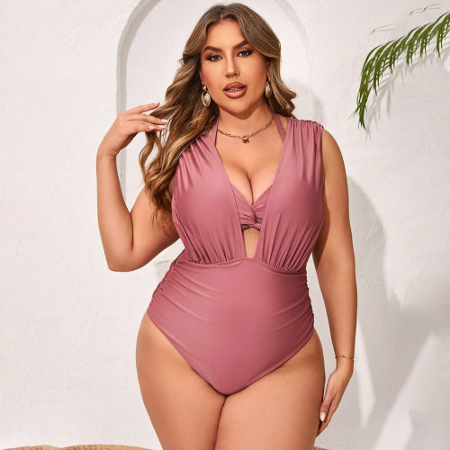 Summer plus-size bikini swimsuits solid-color stretchy figure-hugging swimsuits fashionable beach one-piece swimsuits