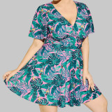 Summer plus-size bikini swimsuits printed short-sleeved swimsuits fashionable beach skirt-style one-piece swimsuits