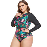 Summer plus-size bikini swimsuits printed long-sleeved zipper swimsuits fashionable beach one-piece tight-fitting swimsuits