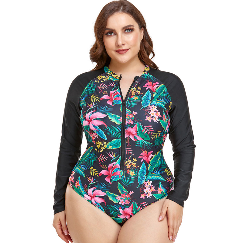 Summer plus-size bikini swimsuits printed long-sleeved zipper swimsuits fashionable beach one-piece tight-fitting swimsuits