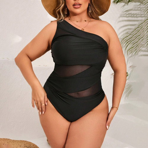 Summer plus-size bikini swimsuits black one-shoulder mesh patchwork swimsuits fashionable beach plain-color one-piece swimsuits