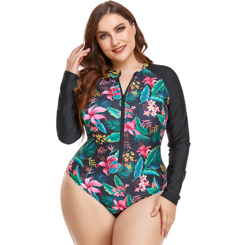 Summer plus-size bikini swimsuits printed long-sleeved zipper swimsuits fashionable beach one-piece tight-fitting swimsuits