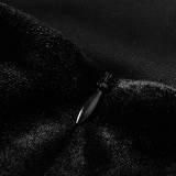 Gold velvet long-sleeved dress fall/winter square-neck high-end dress fashionable fitted backless long dress