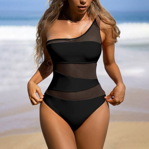 Summer beach one-piece swimsuit pure color sexy slimming swimsuit single-shoulder net fabric patchwork design swimsuit