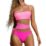Summer beach one-piece swimsuit pure color sexy slimming swimsuit single-shoulder net fabric patchwork design swimsuit