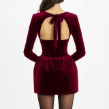 Gold velvet long-sleeved dress fall/winter square-neck high-end dress fashionable fitted backless long dress