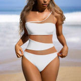 Summer beach one-piece swimsuit pure color sexy slimming swimsuit single-shoulder net fabric patchwork design swimsuit