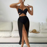Sexy net mesh halter-neck swimsuit fashionable bikini three-piece set swimsuit beach vacation long dress swimsuit