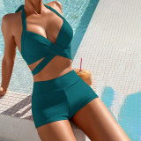 Sexy two-piece neck-wrap swimsuit fashionable solid-color bikini swimsuit summer beach vacation swimsuit