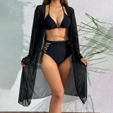 Sexy two-piece bandeau swimsuit fashionable bikini three-piece set swimsuit solid-color beach resort swimsuit