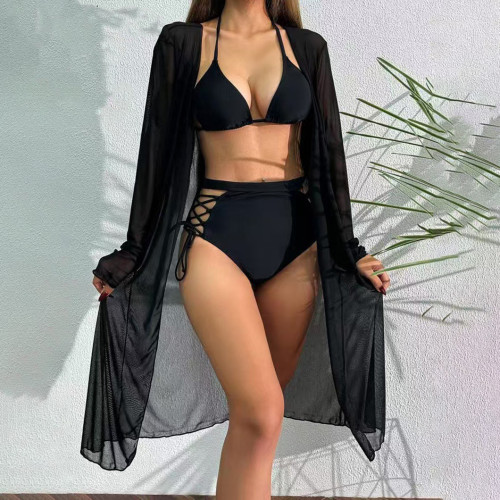Sexy two-piece bandeau swimsuit fashionable bikini three-piece set swimsuit solid-color beach resort swimsuit