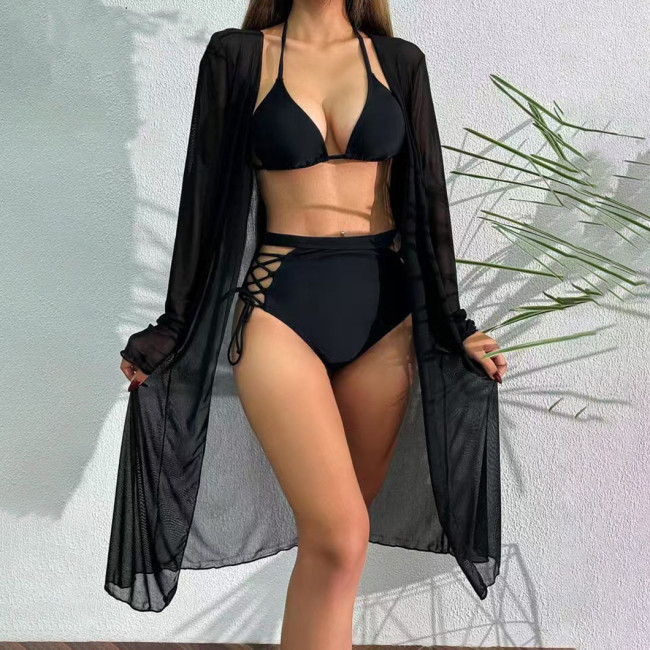 Sexy two-piece bandeau swimsuit fashionable bikini three-piece set swimsuit solid-color beach resort swimsuit