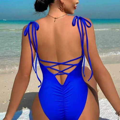 Sexy one-piece V-neck strapless swimsuit solid-color tight backless bikini swimsuit summer beach vacation swimsuit