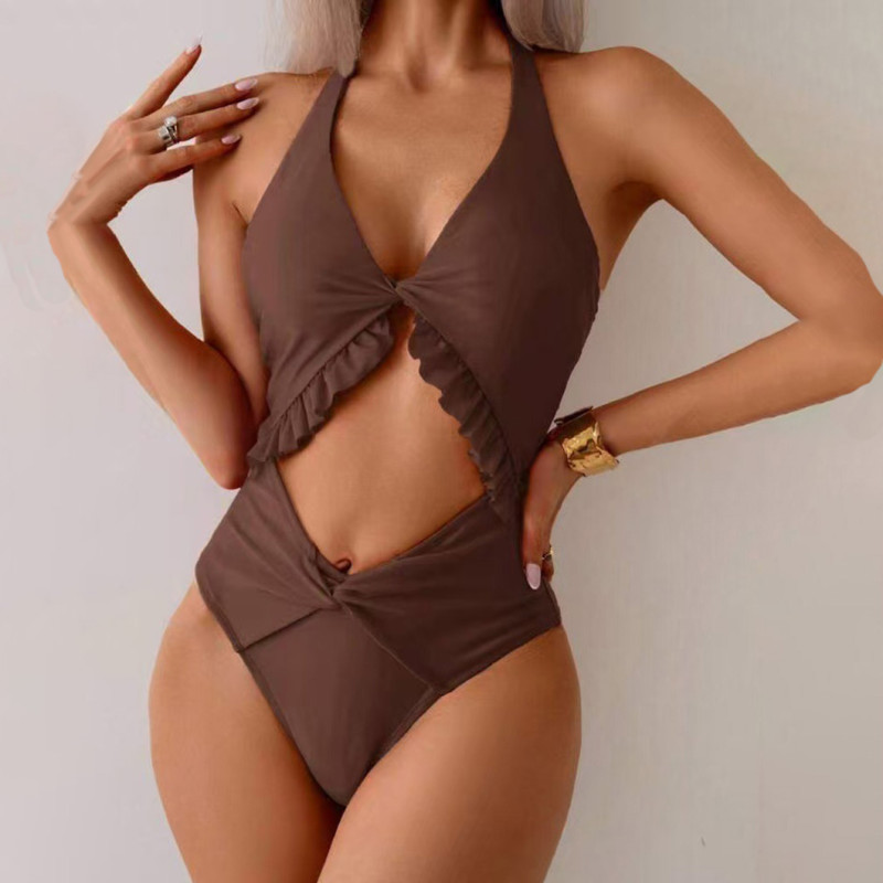 Sexy neck-wraping one-piece swimsuit pure color backless bikini swimsuit fashionable summer beach swimsuit