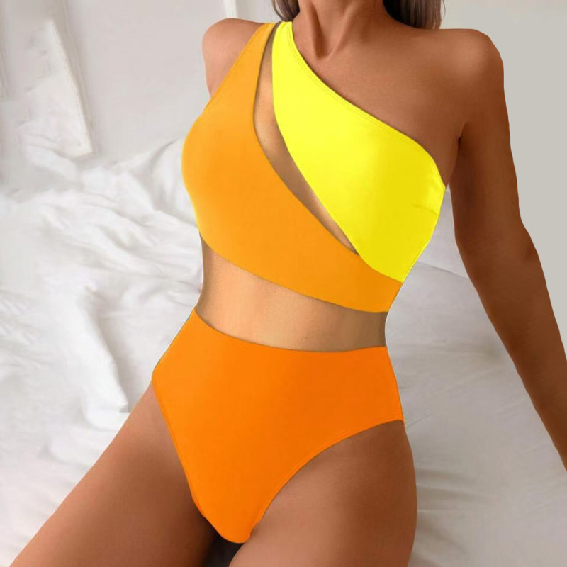 Sexy one-shoulder one-piece swimsuit solid-color patchwork bikini swimsuit fashionable summer beach swimsuit