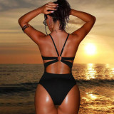 Sexy high-waisted one-piece swimsuit women's solid-color bikini swimsuit fashionable summer beach swimsuit