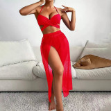 Sexy net mesh halter-neck swimsuit fashionable bikini three-piece set swimsuit beach vacation long dress swimsuit