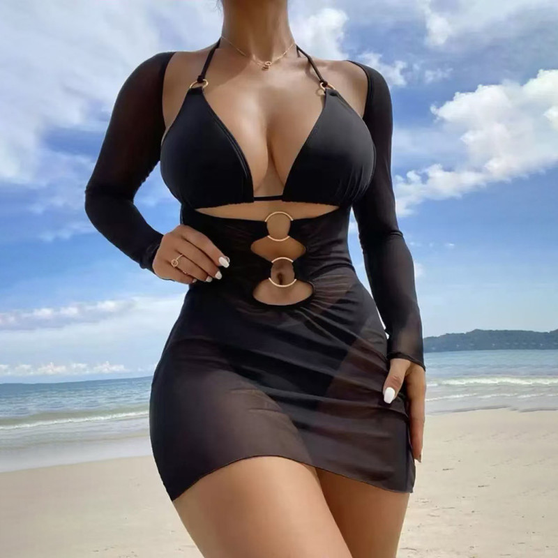 Sexy printed snapback swimsuit fashionable three-piece bikini set summer beach resort swimsuit