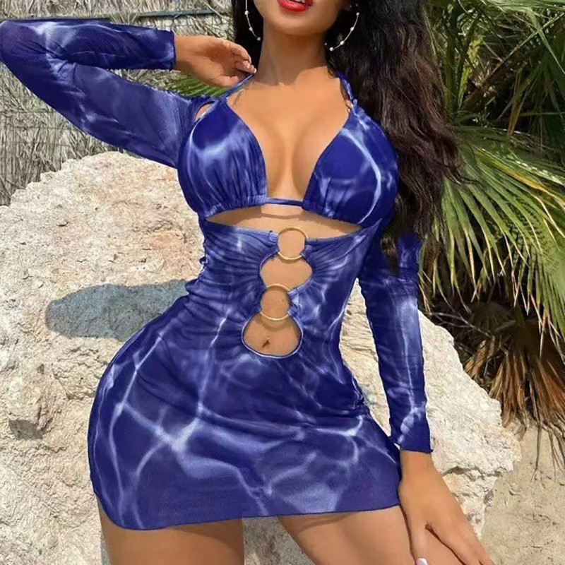 Sexy printed snapback swimsuit fashionable three-piece bikini set summer beach resort swimsuit