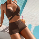 Sexy two-piece neck-wrap swimsuit fashionable solid-color bikini swimsuit summer beach vacation swimsuit