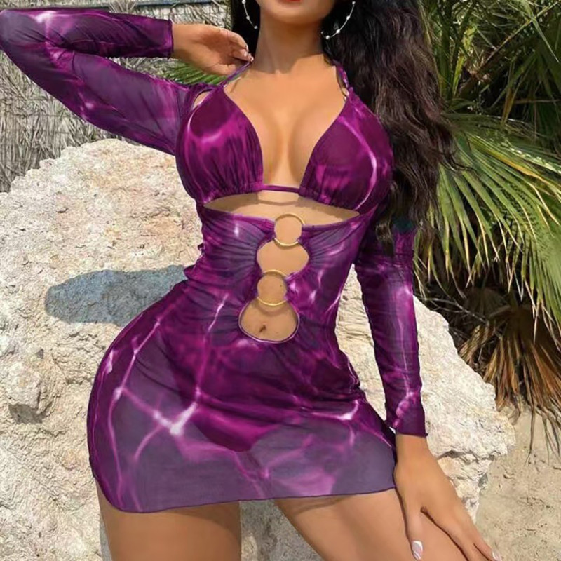 Sexy printed snapback swimsuit fashionable three-piece bikini set summer beach resort swimsuit