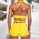 Sexy two-piece neck-wrap swimsuit fashionable solid-color bikini swimsuit summer beach vacation swimsuit
