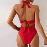 Sexy neck-wraping one-piece swimsuit pure color backless bikini swimsuit fashionable summer beach swimsuit