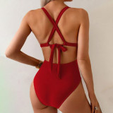 Sexy one-piece bandeau swimsuit fashionable solid-color metal-loop strap bikini swimsuit summer beach vacation swimsuit