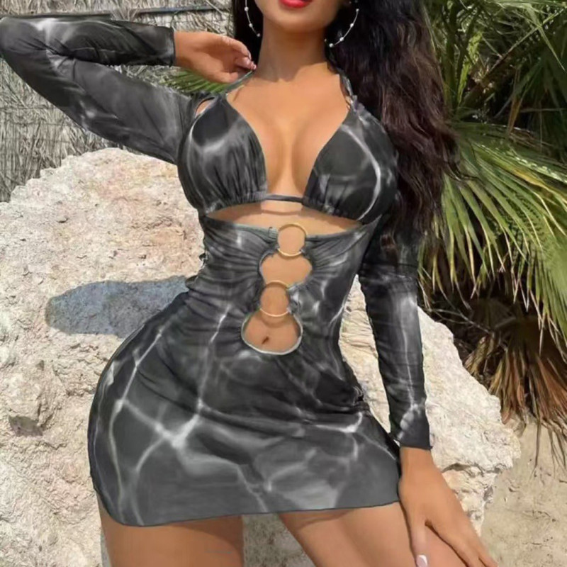 Sexy printed snapback swimsuit fashionable three-piece bikini set summer beach resort swimsuit