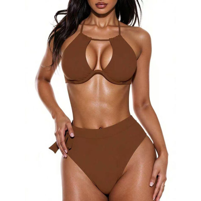Sexy two-piece high-waist swimsuit fashionable solid-color bikini swimsuit summer beach vacation swimsuit