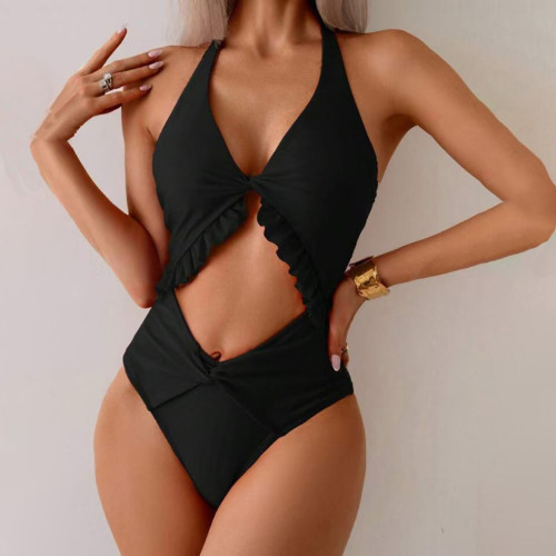 Sexy neck-wraping one-piece swimsuit pure color backless bikini swimsuit fashionable summer beach swimsuit