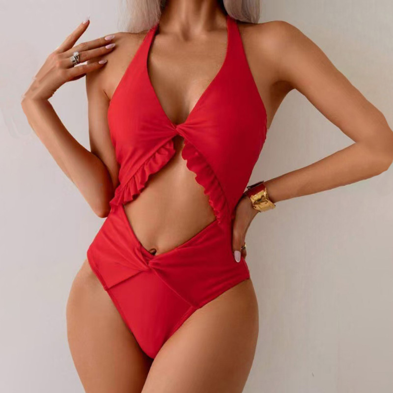 Sexy neck-wraping one-piece swimsuit pure color backless bikini swimsuit fashionable summer beach swimsuit