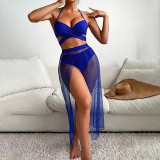 Sexy net mesh halter-neck swimsuit fashionable bikini three-piece set swimsuit beach vacation long dress swimsuit