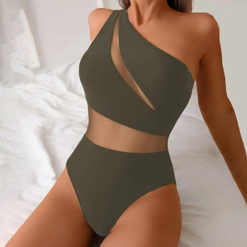 Sexy one-shoulder one-piece swimsuit solid-color patchwork bikini swimsuit fashionable summer beach swimsuit