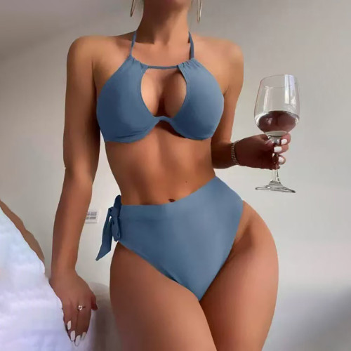 Sexy two-piece high-waist swimsuit fashionable solid-color bikini swimsuit summer beach vacation swimsuit