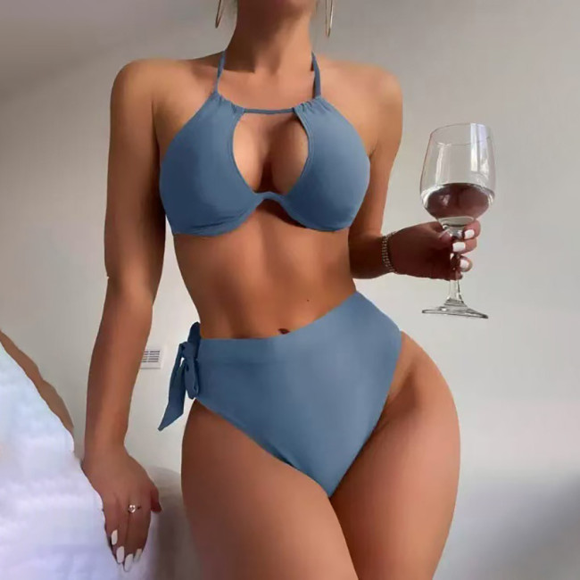 Sexy two-piece high-waist swimsuit fashionable solid-color bikini swimsuit summer beach vacation swimsuit