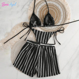 Striped knitted bikini swimwear multi-color affordable three-piece swimwear set fashionable beach women's swimwear